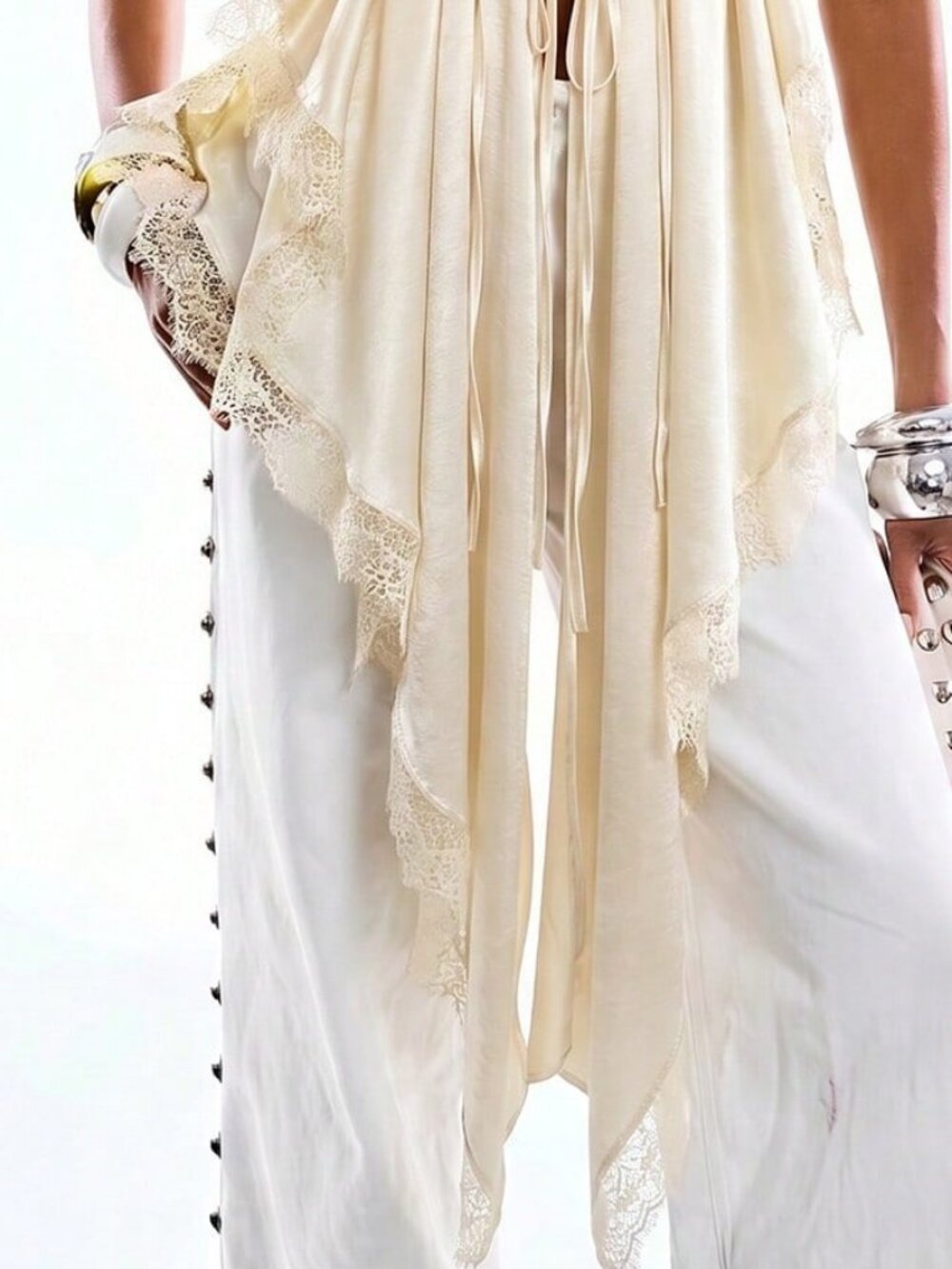 Beige Casual Women's Minimalist Lace Tie Detail Asymmetrical Hem Sleeveless Top - Picture 4 of 6